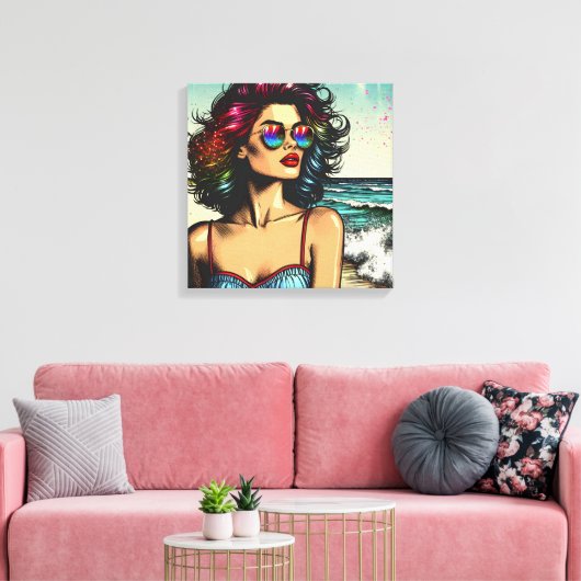 Mooie vrouw op het strand Comic Book Pop Art Canvas Afdruk (Insitu (Woonkamer))