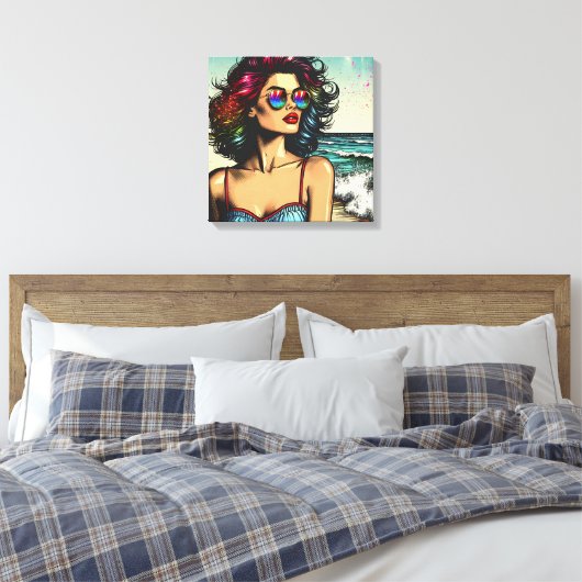 Mooie vrouw op het strand Comic Book Pop Art Canvas Afdruk (Insitu (Slaapkamer))