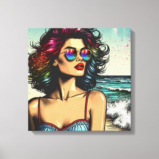 Mooie vrouw op het strand Comic Book Pop Art Canvas Afdruk (Voorkant)