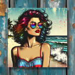 Mooie vrouw op het strand Comic Book Pop Art Canvas Afdruk<br><div class="desc">AI gegenereerd afbeelding van een  dame op het strand dragen van een zonnebril met een oceaan strand achtergrond stripverhaal stijl pop kunst.</div>