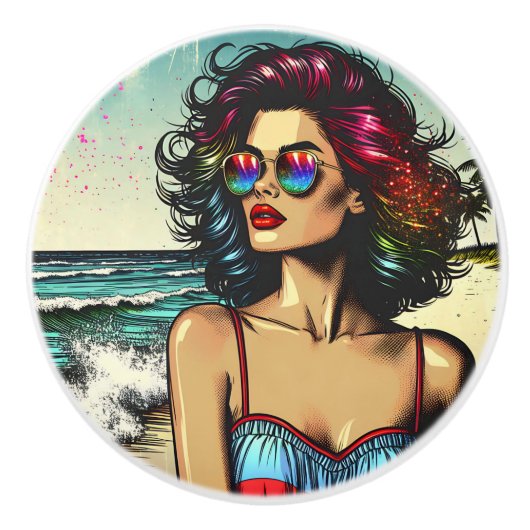 Mooie vrouw op het strand Comic Book Pop Art Keramische Knop (Voorkant)