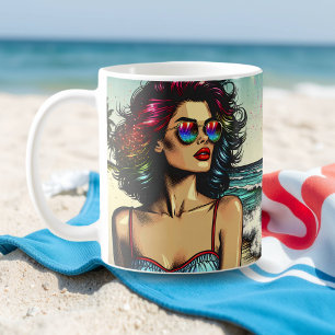 Mooie vrouw op het strand Comic Book Pop Art Koffiemok