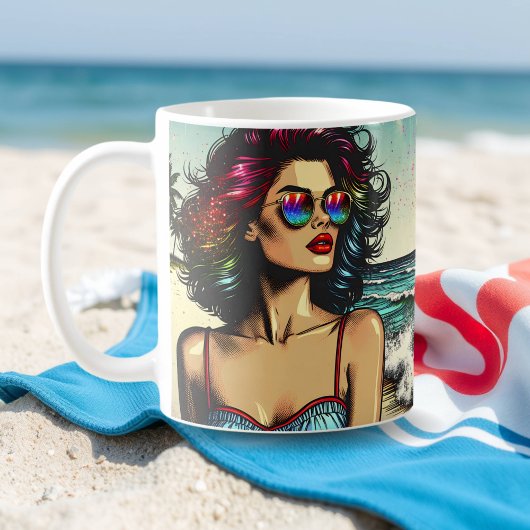 Mooie vrouw op het strand Comic Book Pop Art Koffiemok