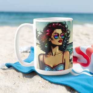 Mooie vrouw op het strand Comic Book Pop Art Koffiemok