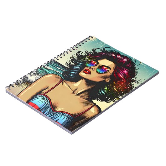 Mooie vrouw op het strand Comic Book Pop Art Notitieboek (Linkerzijde)