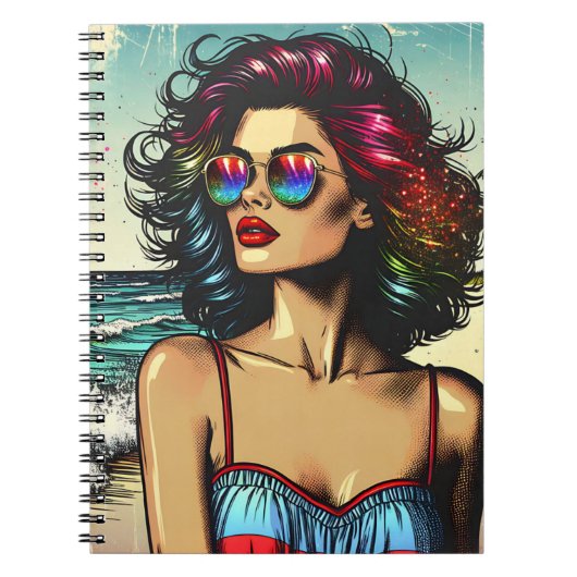 Mooie vrouw op het strand Comic Book Pop Art Notitieboek (Voorkant)