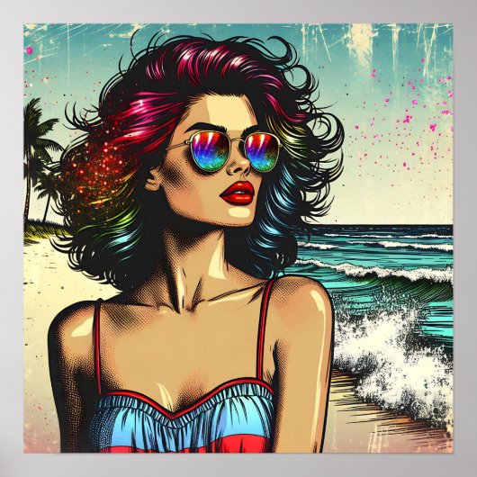 Mooie vrouw op het strand Comic Book Pop Art Poster (Voorkant)