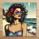 Mooie vrouw op het strand Comic Book Pop Art Poster<br><div class="desc">AI gegenereerd afbeelding van een  dame op het strand dragen van een zonnebril met een oceaan strand achtergrond stripverhaal stijl pop kunst.</div>