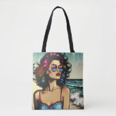 Mooie vrouw op het strand Comic Book Pop Art Tote Bag (Voorkant)