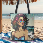 Mooie vrouw op het strand Comic Book Pop Art Tote Bag