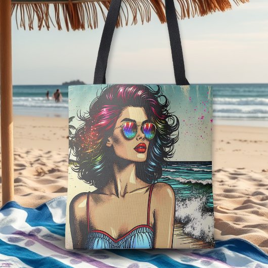 Mooie vrouw op het strand Comic Book Pop Art Tote Bag