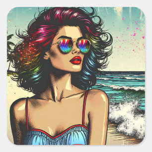 Mooie vrouw op het strand Comic Book Pop Art Vierkante Sticker