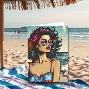 Mooie vrouw op strand Pop Art Verjaardag Kaart