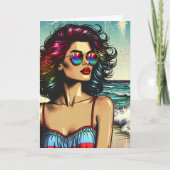 Mooie vrouw op strand Pop Art-verjaardag Kaart (Voorkant)