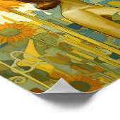 Mooie vrouw op zoek naar de hemel zonnebloem poster (Hoek)