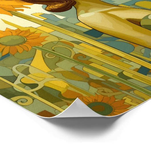 Mooie vrouw op zoek naar de hemel zonnebloem poster (Hoek)