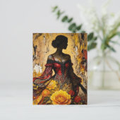 Mooie vrouw rode jurk gele rozen briefkaart (Staand voorkant)