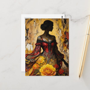 Mooie vrouw rode jurk gele rozen briefkaart