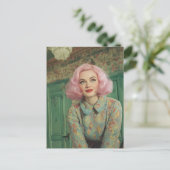 Mooie vrouw Roze haar Retro House Briefkaart (Staand voorkant)
