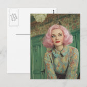 Mooie vrouw Roze haar Retro House Briefkaart (Voorkant / Achterkant)