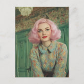 Mooie vrouw Roze haar Retro House Briefkaart (Voorkant)