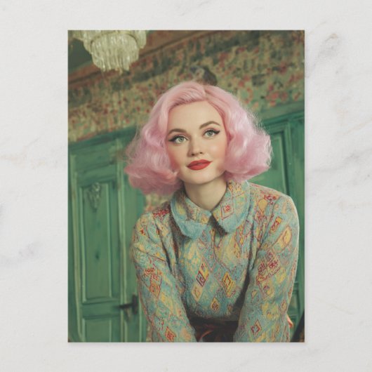 Mooie vrouw Roze haar Retro House Briefkaart (Voorkant)