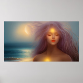 Mooie vrouw strand maanlicht oceaan 4 poster