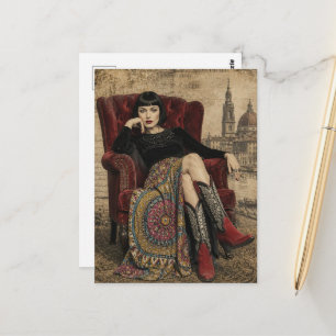 Mooie vrouw uit de jaren 20 zit in een rode stoel briefkaart