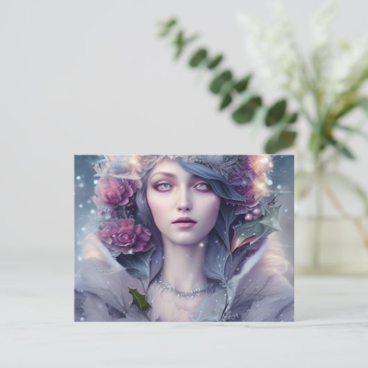 Mooie vrouw van de winter van Floral en sneeuw Briefkaart (Staand voorkant)
