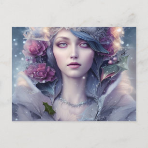 Mooie vrouw van winterbloemen en sneeuw briefkaart