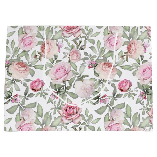 Mooie Vrouwelijke Bloemige Waterverf Roze Rozen Groot Cadeauzakje (Voorkant)