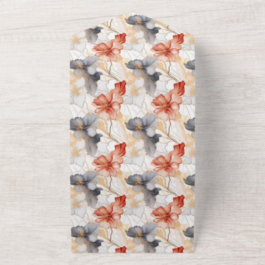 Mooie Vrouwelijke Perzik Blauw en Wit Bloemen All In One Uitnodiging (Buitenkant)