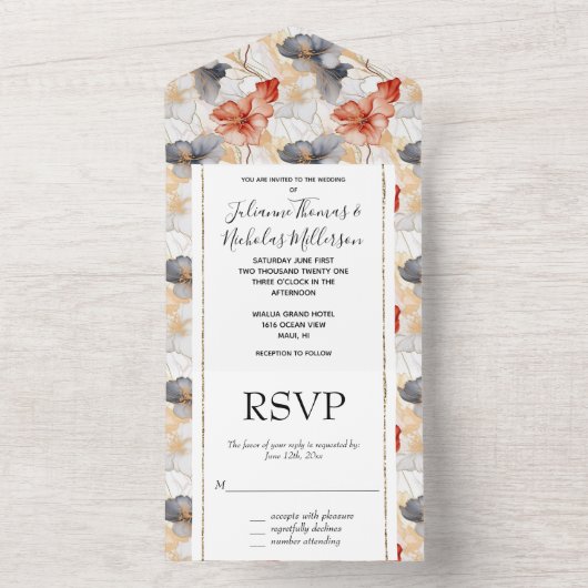 Mooie Vrouwelijke Perzik Blauw en Wit Bloemen All In One Uitnodiging (Binnen)