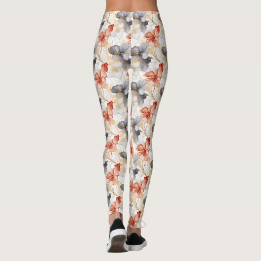 Mooie Vrouwelijke Perzik Blauw en Wit Bloemen Leggings (Achterkant)