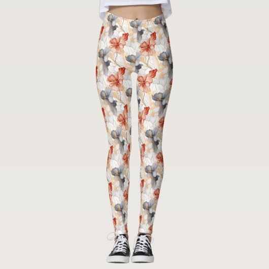 Mooie Vrouwelijke Perzik Blauw en Wit Bloemen Leggings (Voorkant)