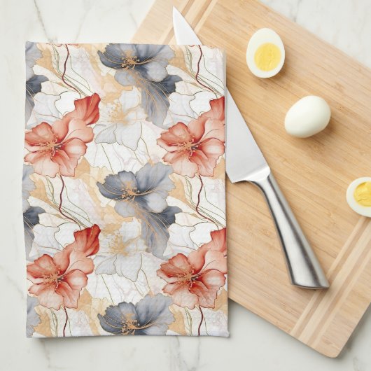 Mooie Vrouwelijke Perzik Blauw en Wit Bloemen Theedoek (Quarter Fold)