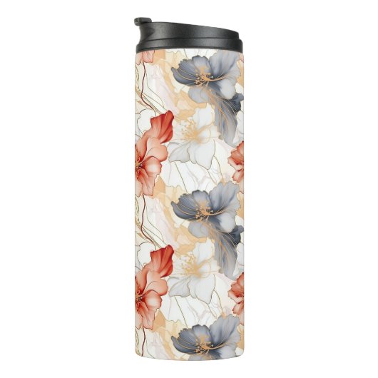 Mooie Vrouwelijke Perzik Blauw en Wit Bloemen Thermosbeker (Geroteerd rechts)