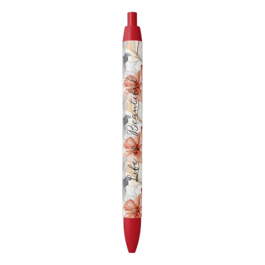 Mooie Vrouwelijke Perzik Blauw en Wit Bloemen Zwarte Inkt Pen (Voorkant Verticaal)