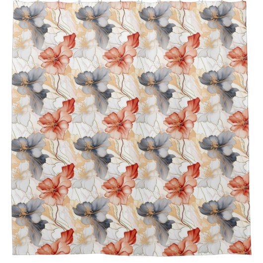 Mooie Vrouwelijke Perzik Rood Blauw en Wit Bloemen Douchegordijn (Voorkant)