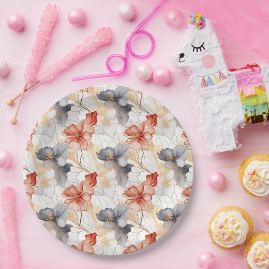 Mooie Vrouwelijke Perzik Rood Blauw en Wit Bloemen Papieren Bordje (Feest)