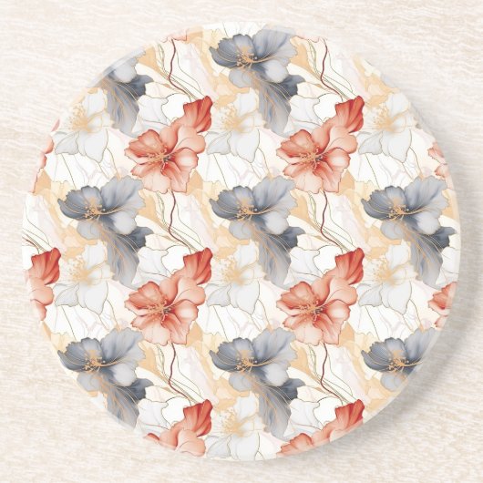 Mooie Vrouwelijke Perzik Rood Blauw en Wit Bloemen Zandsteen Onderzetter (Voorkant)