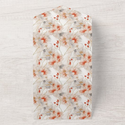 Mooie vrouwelijke perzik rood wit bloemig all in one uitnodiging (Buitenkant)