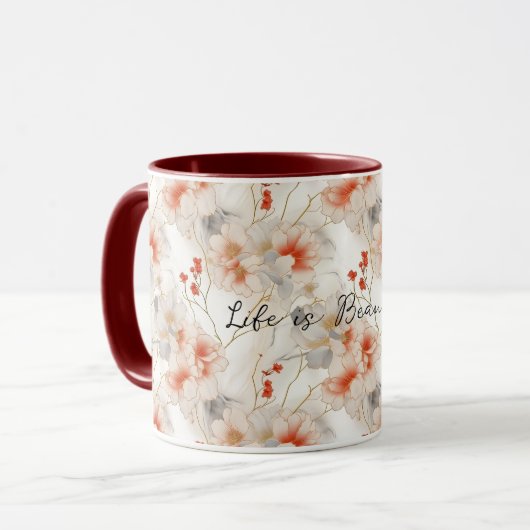 Mooie vrouwelijke perzik rood wit bloemig mok (Voorkant links)