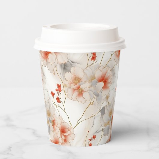 Mooie vrouwelijke perzik rood wit bloemig papieren bekers (Achterkant)