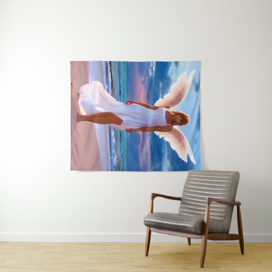 Mooie vrouwen met engelenvleugels op een strand wandkleed (In Situ (horizontaal))