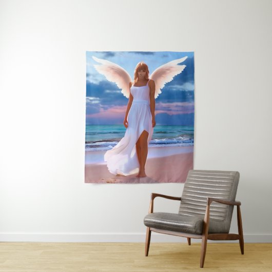 Mooie vrouwen met engelenvleugels op een strand wandkleed (In situ)