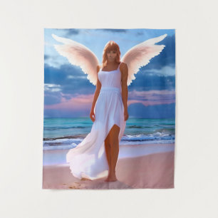Mooie vrouwen met engelenvleugels op een strand wandkleed