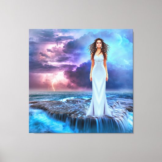 Mooie vrouwen staan op Ocean Rock Canvas Afdruk (Voorkant)