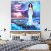 Mooie vrouwen staan op Ocean Rock Canvas Afdruk (Insitu (Slaapkamer))