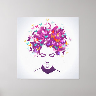 Mooie vrouwenportret met vlinderhaar canvas afdruk
